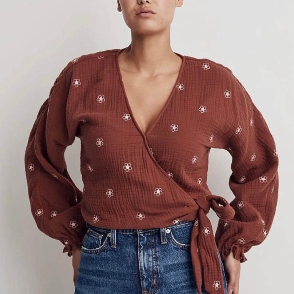 (A8) Madewell Lightspun Maira Wrap Top Embroidered Floral Long Sleeve, XXS, NWT - Picture 2 of 6